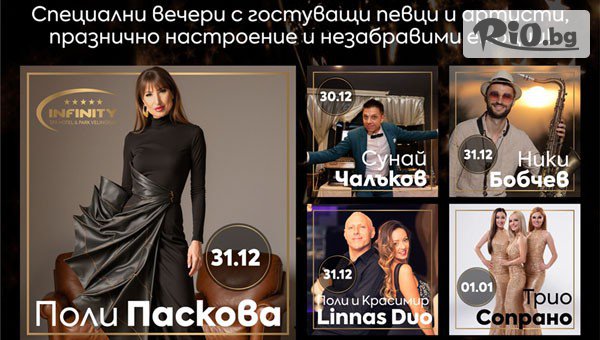 Нова година във Велинград! 3 нощувки за до четирима, закуски, Празнични вечери с гост изпълнители, програма и DJ, брънч + минерални басейни и релакс зона от СПА Хотел Инфинити Парк