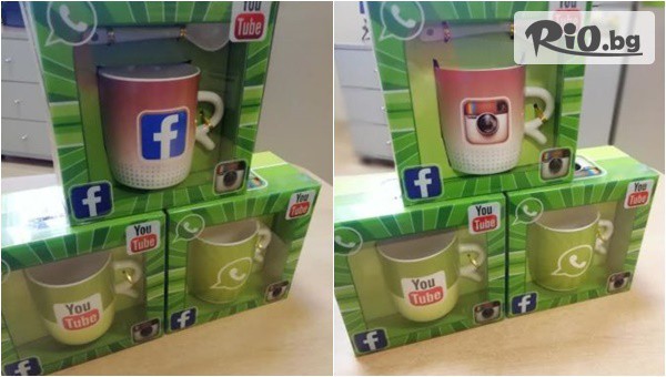 Красива порцеланова чаша с лъжичка с лого по избор Facebook, Youtube, Instagram и Whats up, от Prodavalnikbg.com